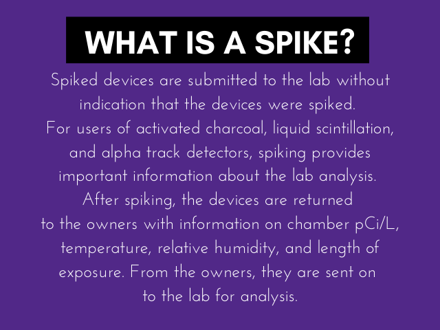 Spikes help test the accuracy of the laboratory used by a professional radon measurement technician and are required by the measurement quality assurance plan